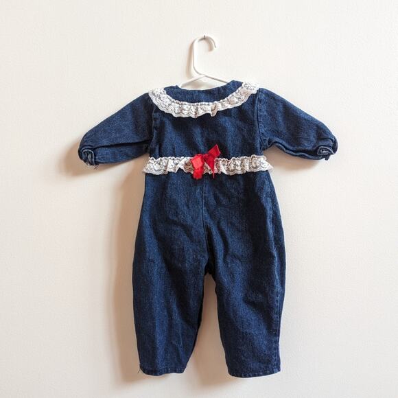 Vtg 90s Hopscotch Jumpsuit Baby Girls Sz 12m Denim Bows Romper - Picture 3 of 6